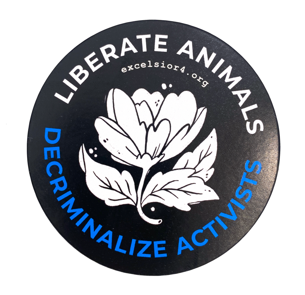 'Liberate Animals Decriminalize Activists' Black & White Flower Excelsior 4 Sticker