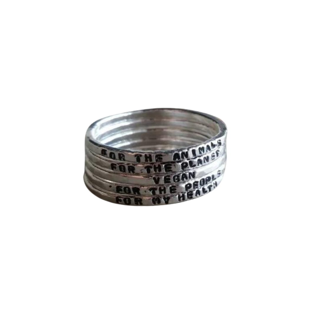 'Why I'm Vegan' Sterling Silver Ring Stack
