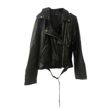 Load image into Gallery viewer, Vegan Black Leather Belted Moto Jacket
