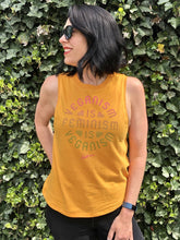Load image into Gallery viewer, &#39;Veganism Is Feminism&#39; Women&#39;s Gold Muscle Tank
