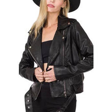 Load image into Gallery viewer, Vegan Black Leather Belted Moto Jacket
